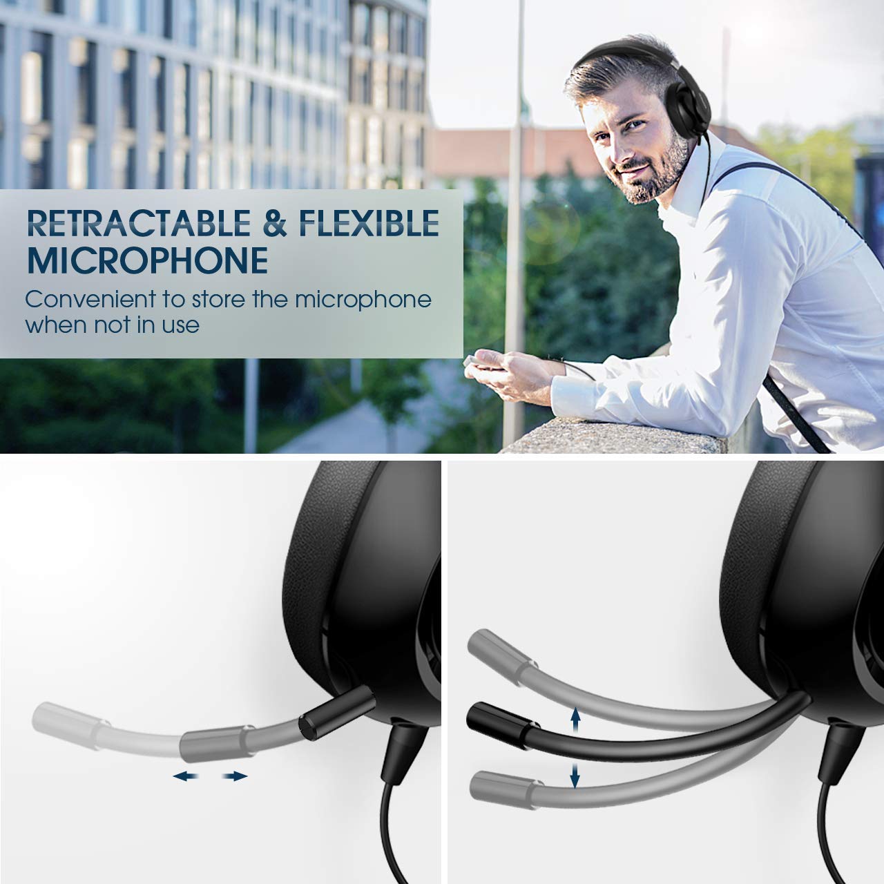 Mpow PC Headset 224, Foldable Over-Ear Headset USB Headset/3.5mm Computer Headset with Retractable Microphone, Noise Cancelling Skype Headset for Mac PC Mobile Phone, Call Center, Online Conference - Image 4