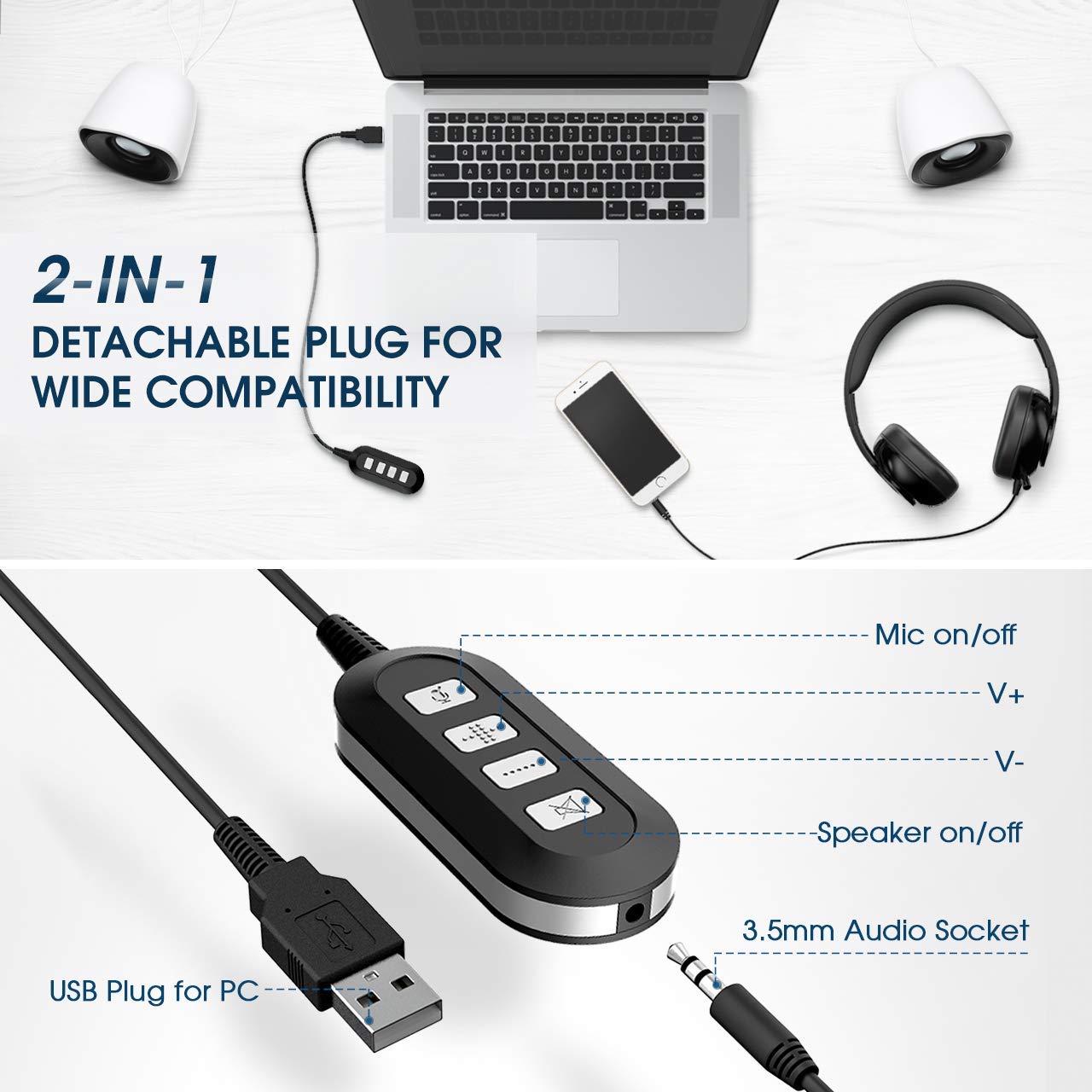 Mpow PC Headset 224, Foldable Over-Ear Headset USB Headset/3.5mm Computer Headset with Retractable Microphone, Noise Cancelling Skype Headset for Mac PC Mobile Phone, Call Center, Online Conference - Image 3