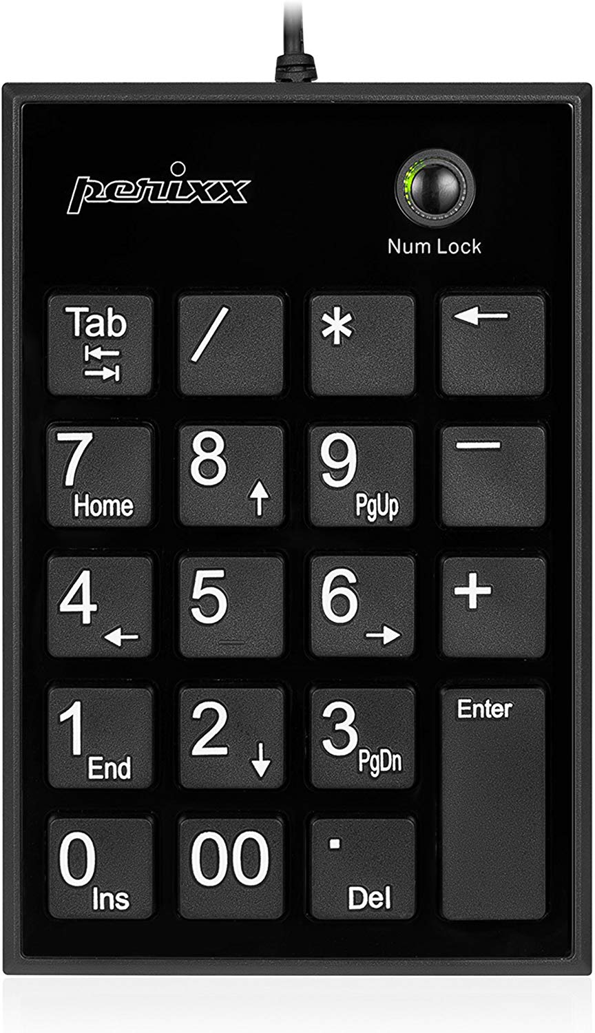 Perixx PERIPAD-202UB, Numeric Keypad for Laptop - USB - Tab Key Feature - Full Size 19 Keys - Big Print Letters - Silent X Type Scissor Keys - Black