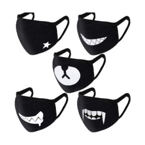 Teenitor 5 Pcs Cotton Face Mouth Mask Anti Dust Wind Cute Bear Star Teeth Fangs Pattern Unisex Fashion Earloop Face Mask for Teens Men Women Outdoor Cycling Sport in Winter Black